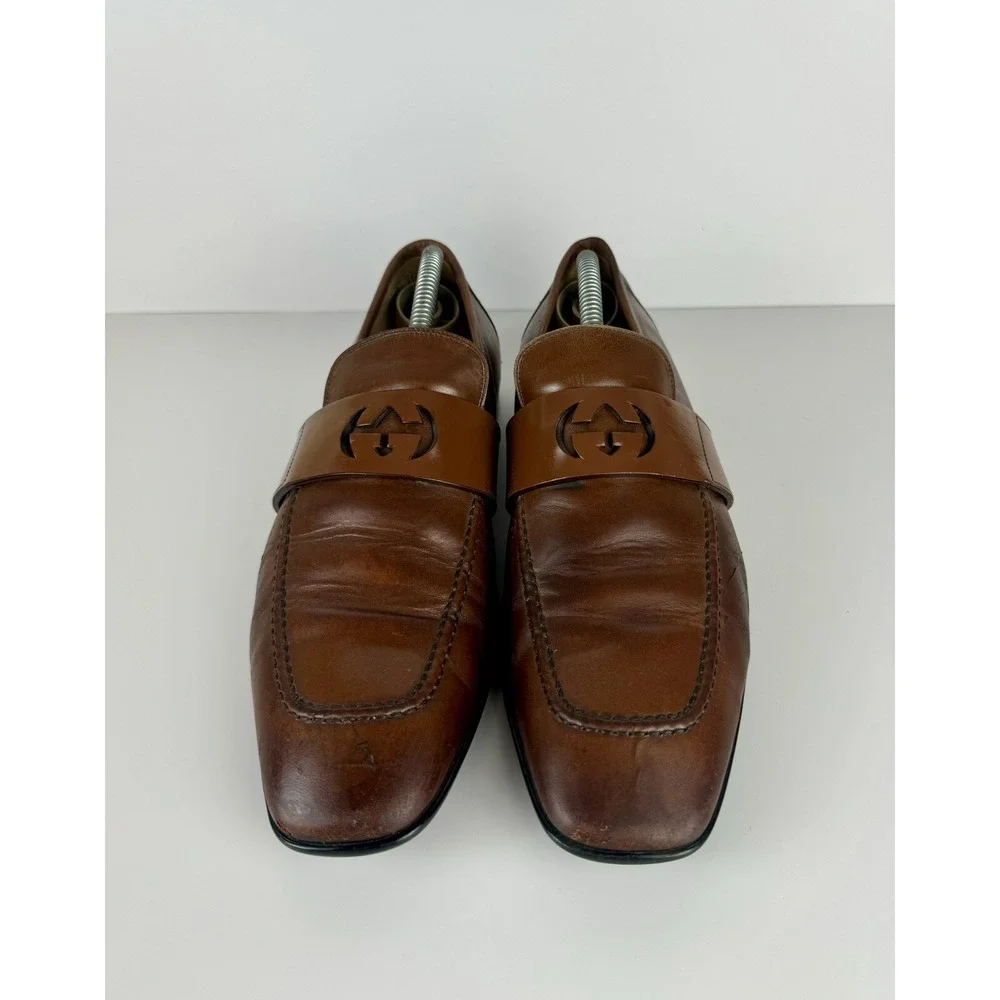 Gucci Men's Brown Leather Mila Wimbledon Logo Loafers Size 6.5 Shoes‎